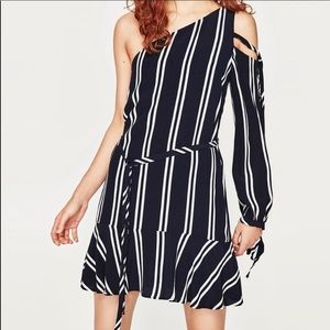 Zara Navy and White Striped One Shoulder Dress XS